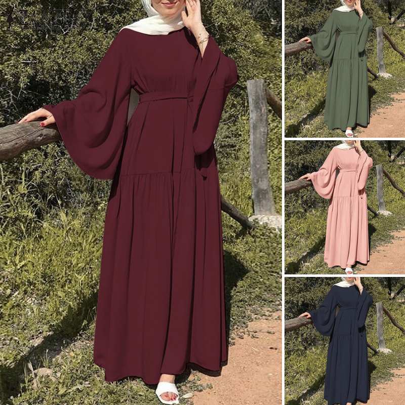 Muslim Women's Casual Bell Sleeve Belted Swing Long Dress - Carvan Mart Ltd