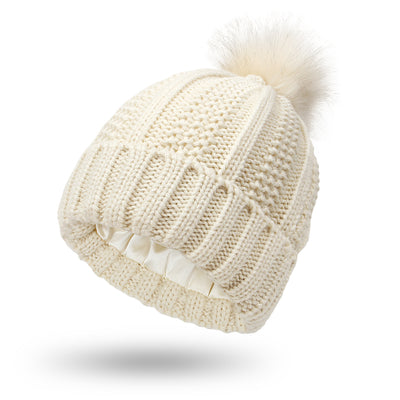 Fashion Stretchy Satin Lined Skull Knit Hats Beanie Hat For Women Faux Fur Pom Pom Hat Winter Keep Warming Beanie Hat - Beige One size - Women's Hats & Caps - Carvan Mart