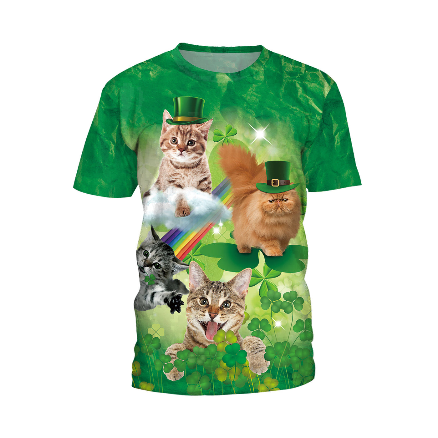 Patrick's Day Four Leaf Grass Cute Pet Cat Digital Print Round Neck T-shirt - Carvan Mart