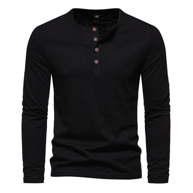 Modern Henley Neck Bamboo Cotton Men's T-shirt - Long Sleeve, Stylish & Comfortable - Black - Men's Shirts - Carvan Mart