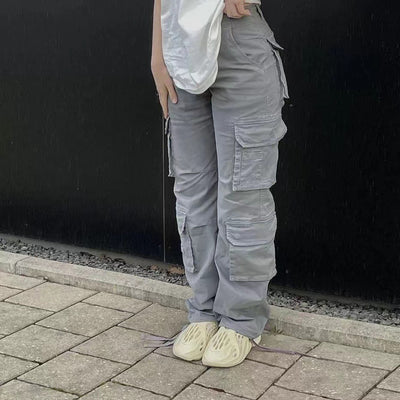 Women's High-Waist Cargo Pants - Stylish Baggy Trousers with Pockets - Grey - Pants & Capris - Carvan Mart