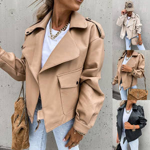 Women's Leather Top Coat Loose Lapel Jacket - - Leather & Suede - Carvan Mart