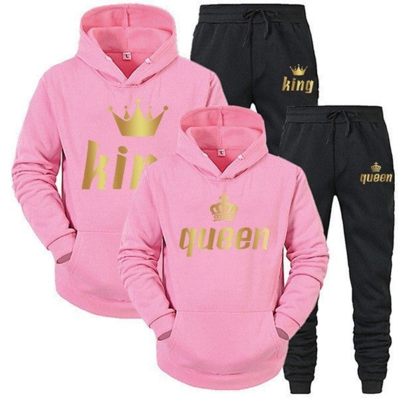 Matching King and Queen Couple Hoodies and Joggers Set - Perfect His and Hers Outfit - Pink Black - Suits & Sets - Carvan Mart