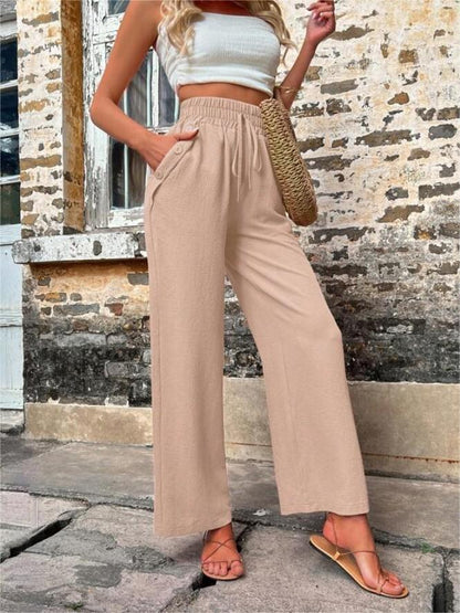 Casual Pants With Pockets Elastic Drawstring High Waist Loose Trousers For Women