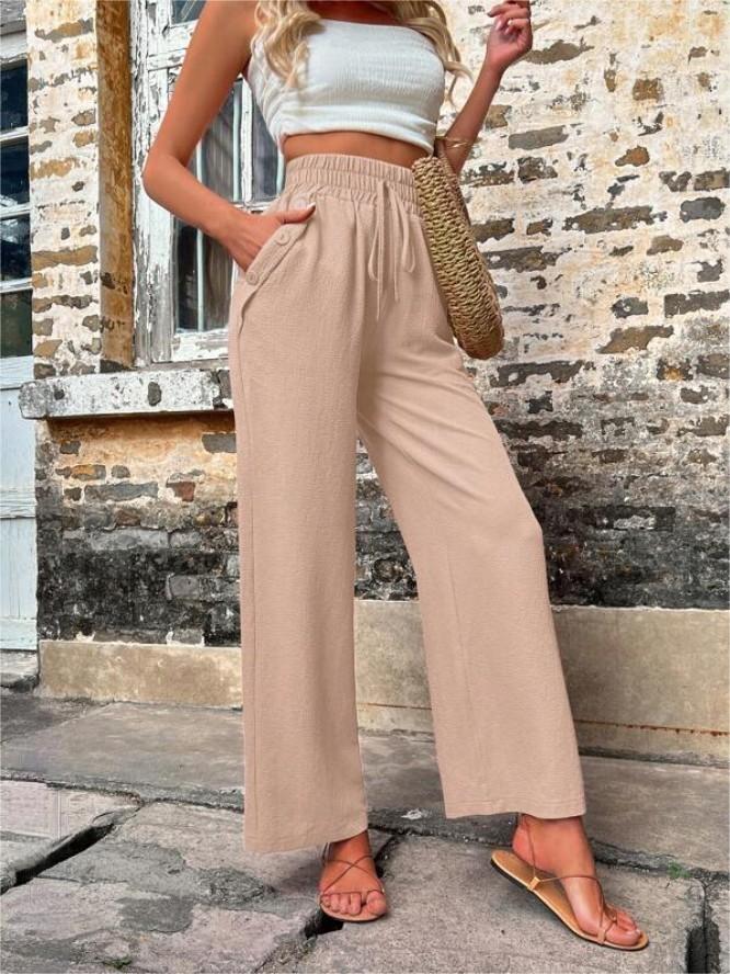 Women's High-Waisted Wide Leg Pants - Casual Loose Fit Drawstring Trousers - Khaki - Pants & Capris - Carvan Mart