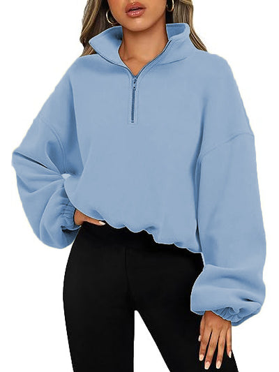 European And American Half Zipped Stand Collar Drawstring Hem Polar Fleece Shirt - Light Blue - Tops & Tees - Carvan Mart