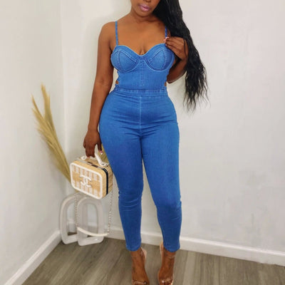 Denim Overall Style Jumpsuit Mid-waist Stitching Denim Jumpsuit - Carvan Mart