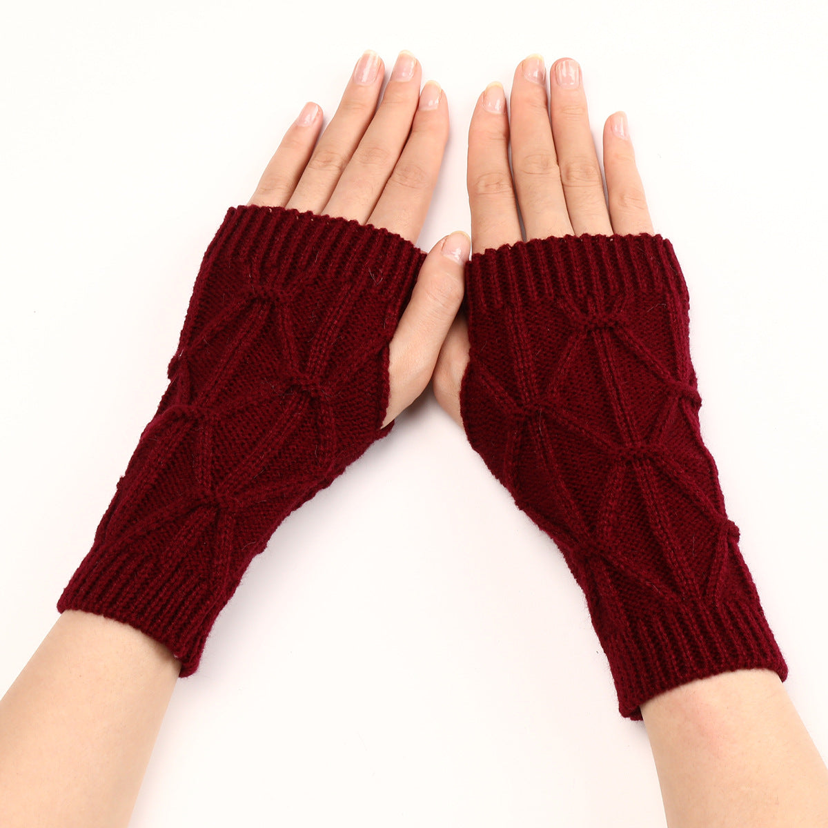 Rhombus Fashion Oversleeve Knitted Wool Keep Warm Half Finger Gloves - Wine Red Average Size - Women Gloves & Mittens - Carvan Mart