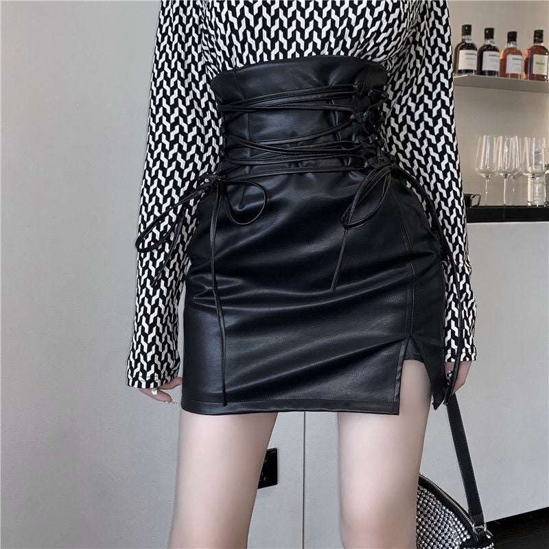 Black High Waist Small Leather Skirt Women's Cinched Pleated Split Skirt