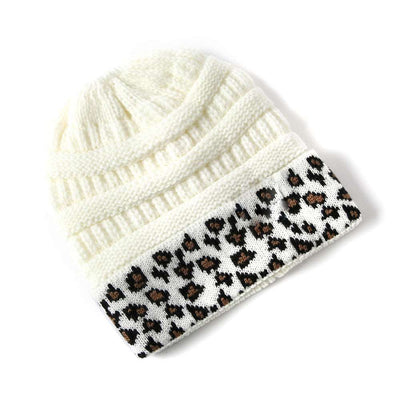 Beanie Women's Warm Leopard Print Knitted Hat - White One Size - Women's Hats & Caps - Carvan Mart