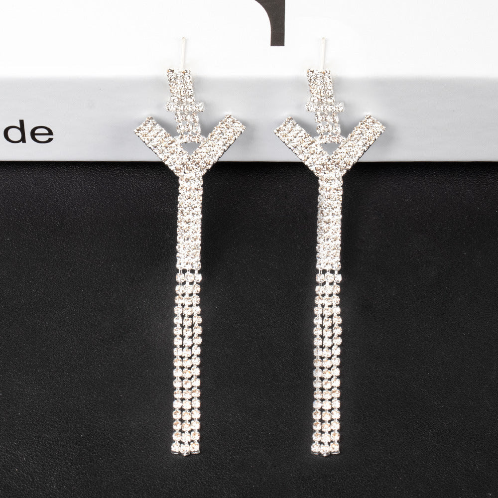Fashion Jewelry 925 Silver Needle Ornaments Rhinestone Letter B Earrings Banquet Tassel Ear Ornaments Earrings - Silver Y - Earrings - Carvan Mart
