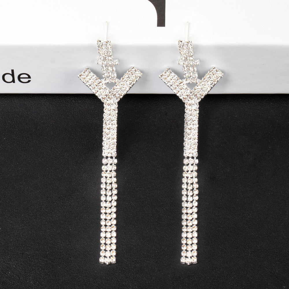 Fashion Jewelry 925 Silver Needle Ornaments Rhinestone Letter B Earrings Banquet Tassel Ear Ornaments Earrings - Carvan Mart