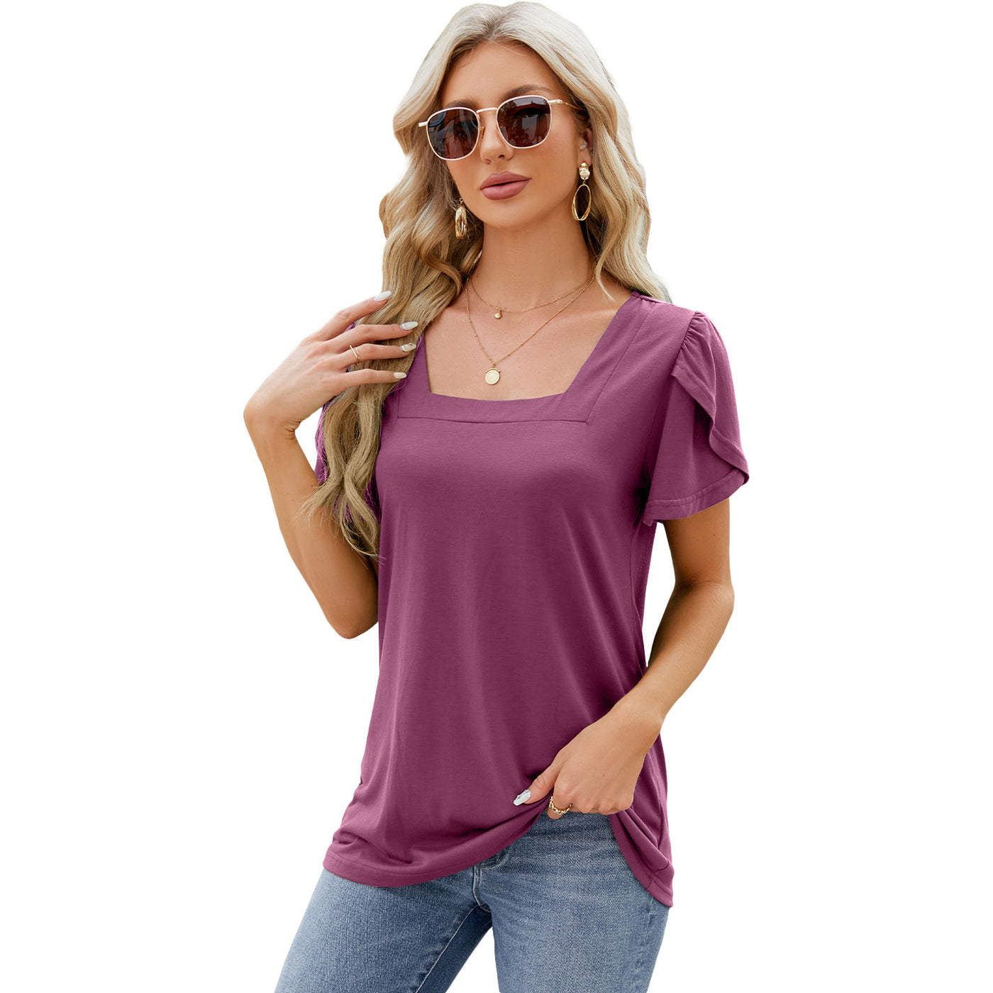 Bohemian Summer Top Square Neck With Petal Sleeve Design Women's T-shirt - Purple Red - Blouses & Shirts - Carvan Mart