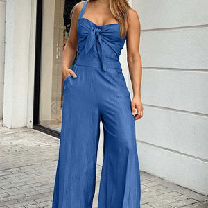 Tie-Front Jumpsuit Women's Sling Loose Casual Jumpsuit - Blue - Jumpsuits & Rompers - Carvan Mart