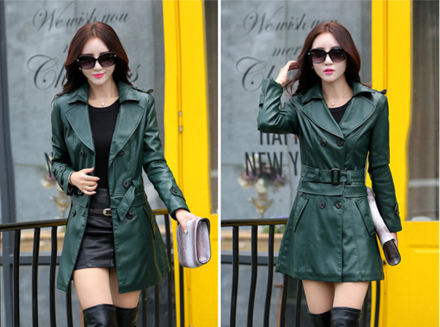 Women's Slim-fit PU Leather Trench Coat - Carvan Mart