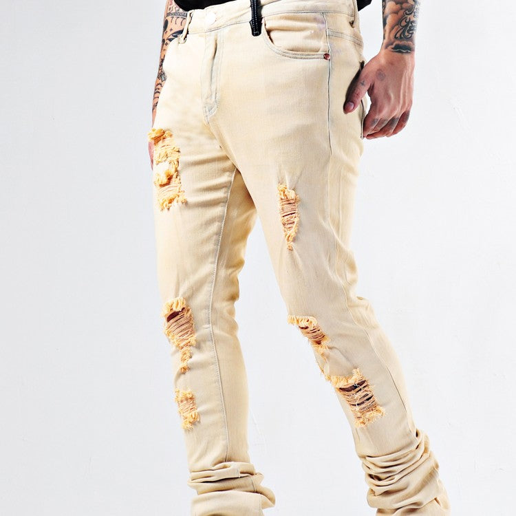 Men's Beige Distressed Ripped Skinny Jeans - Urban Streetwear Denim Pants - - Men's Jeans - Carvan Mart