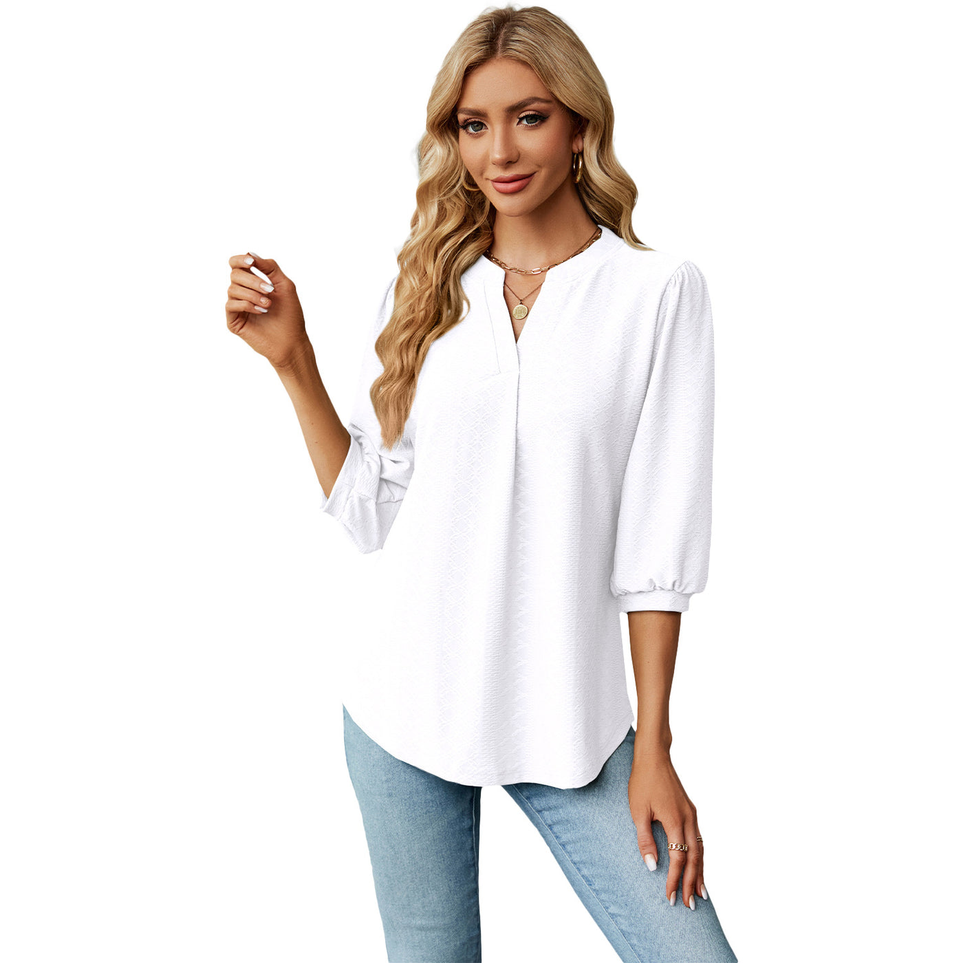 Solid Color Lace Collar Jacquard Long Sleeve Loose-fitting T-shirt Top - - Tops & Tees - Carvan Mart