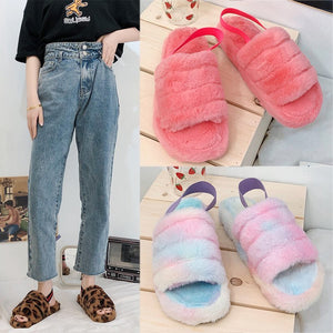 Women's Faux Fur Mule Slippers Wool Slippers Wedge Heel Warm Sandals - Carvan Mart