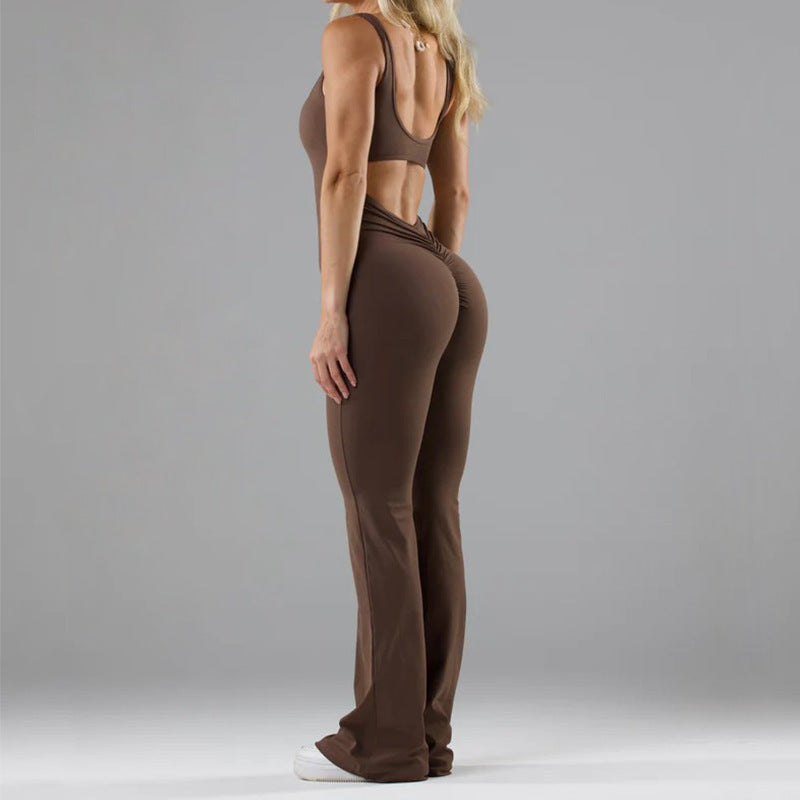 Women V-Back Flared Jumpsuit Bodysuit Casual Hollow Seamless Jumpsuit - Carvan Mart