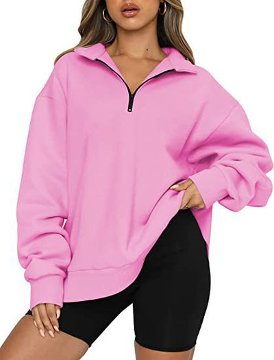 Women Sweatshirts Zip Turndown Collar Loose Casual Tops Clothes - Pink - Women Hoodies & Sweatshirts - Carvan Mart