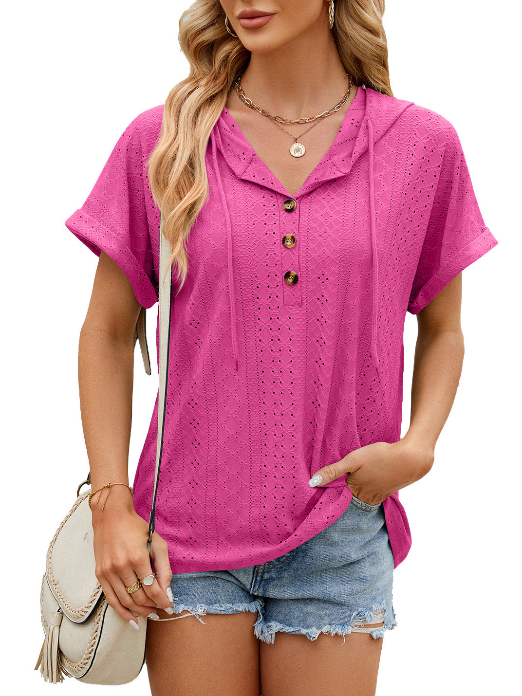 Women's T-shirt Loose Hollow Design Short-sleeve Top - Barbie Pink - Blouses & Shirts - Carvan Mart