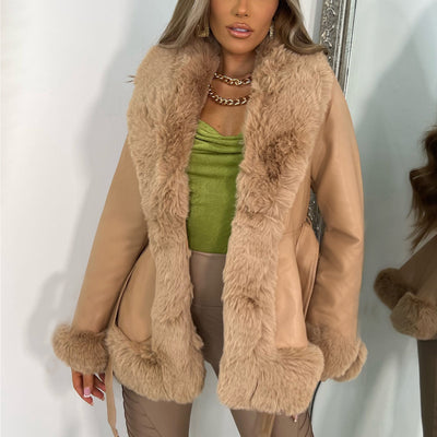 Women’s Lillie Belted Fur Hooded Coat Collar Lace-up Waist Coat - Carvan Mart