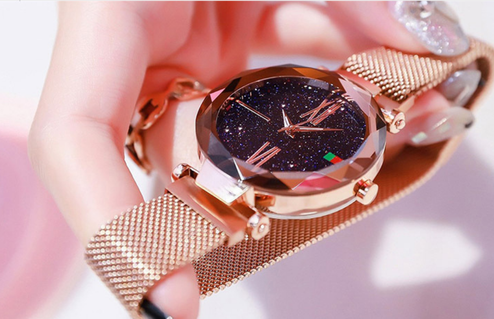 Luxury Women Watches Mesh Ladies Clock Magnet Buckle Starry Diamond Geometric Surface Quartz Wristwatch - Carvan Mart