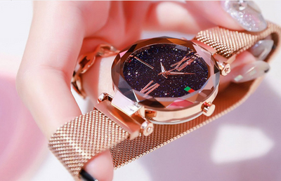 Luxury Women Watches Mesh Ladies Clock Magnet Buckle Starry Diamond Geometric Surface Quartz Wristwatch - - Women's Watches - Carvan Mart