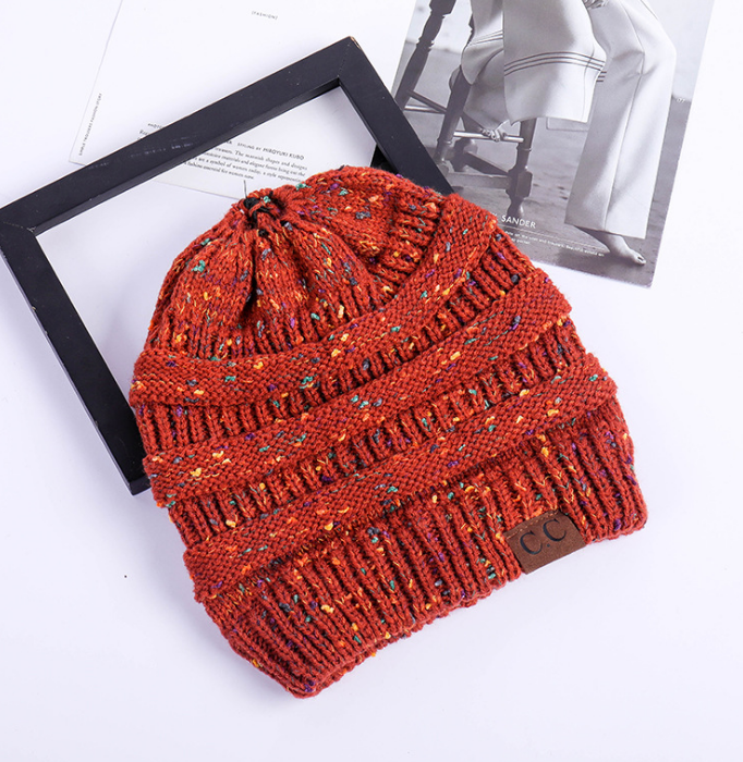 High Bun Ponytail Beanie Hat Chunky Soft Stretch Cable Knit Warm Fuzzy Lined Skull Beanie Acrylic Hats Men And Women - Orange red - Women's Hats & Caps - Carvan Mart