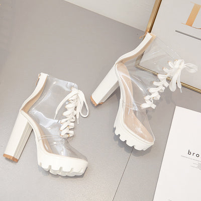 Women PVC Sandals Round Toe Ankle Lace Up Platform High Heel Boots - White - High Heels - Carvan Mart