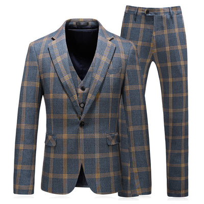 Men's Three Piece Suit Business Suit Wedding Dress Suit Set - Yellow grid - Men Suits & Sets - Carvan Mart