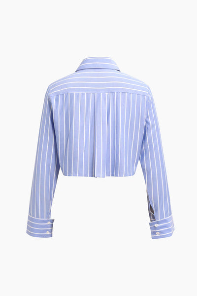 Women's Lapel Stripe Pockets Long Sleeved Loose Short Shirt - Carvan Mart