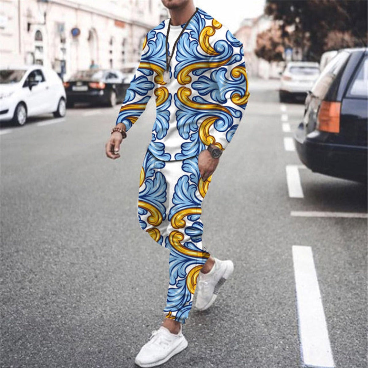 Men's Two Piece Suit Ice Silk Print Sweatshirt And Pant Sportswear - Carvan Mart