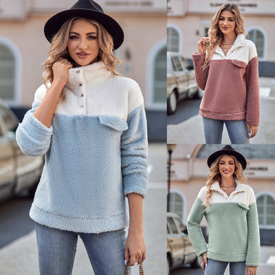 Patchwork Jumper Color Stand Collar Plush Thick Top For Women - Carvan Mart