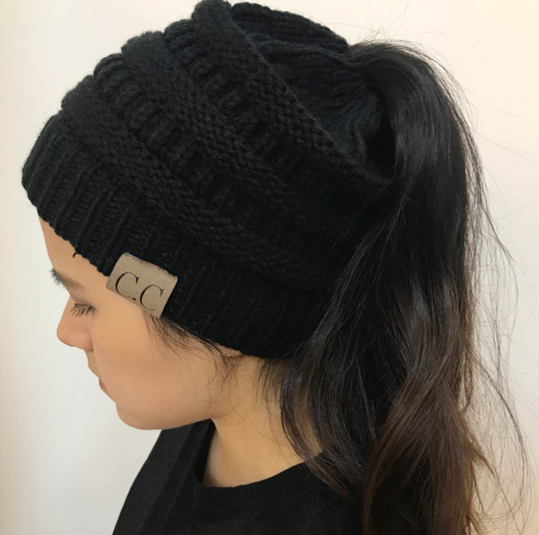 High Bun Ponytail Beanie Hat Chunky Soft Stretch Cable Knit Warm Fuzzy Lined Skull Beanie Acrylic Hats Men And Women - Carvan Mart