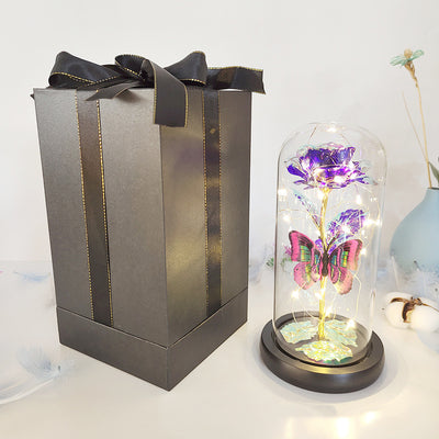 Gift Eternal Rose LED Light Foil Flower In Glass Cover Wedding Favors Bridesmaid Gift - Purple Black box - Gift - Carvan Mart