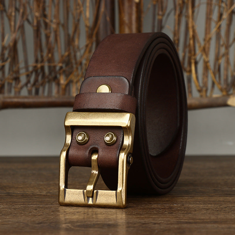 Retro Washed Matte Top-grain Leather Brass Buckle Belt - Carvan Mart