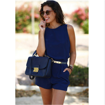 Fashion sexy backless waist belt pocket ladies jumpsuit - Blue - Jumpsuits & Rompers - Carvan Mart