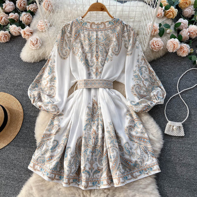 Dress For Formal Women's Printed Lantern Sleeve Lillie belted Midi Dress - Carvan Mart