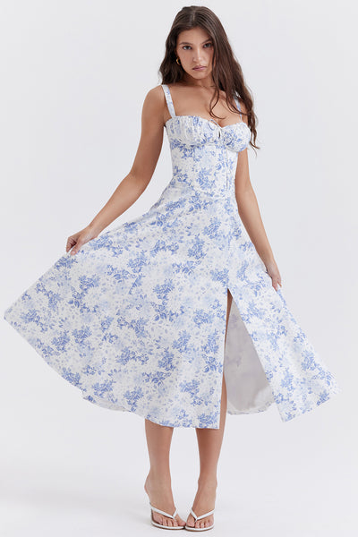 Women's Floral Milkmaid Midi Dress With Straps - White Blue - Summer Dresses - Carvan Mart