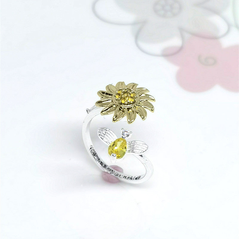 Sunflower & Bee Spinner Ring Female Rotating Sunflower Ring - - Women's Rings - Carvan Mart