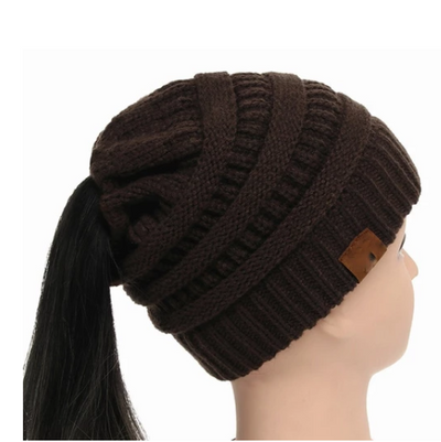 High Bun Ponytail Beanie Hat Chunky Soft Stretch Cable Knit Warm Fuzzy Lined Skull Beanie Acrylic Hats Men And Women - Brown - Women's Hats & Caps - Carvan Mart