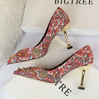 Elegant Paisley Print Gold Stiletto Heels with Embellished Details - Red - High Heels - Carvan Mart