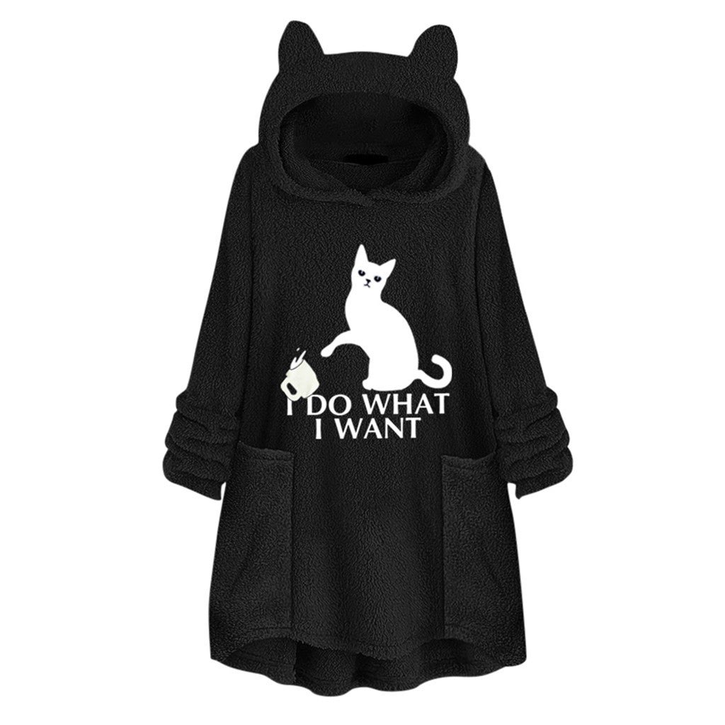 Hooded Pullover Cat Print Long Sleeved Reversible Velvet Sweater - Carvan Mart