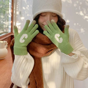 Candy Color Letter C Thick Cute Wool Knitted Warm Gloves - Green - Women Gloves & Mittens - Carvan Mart