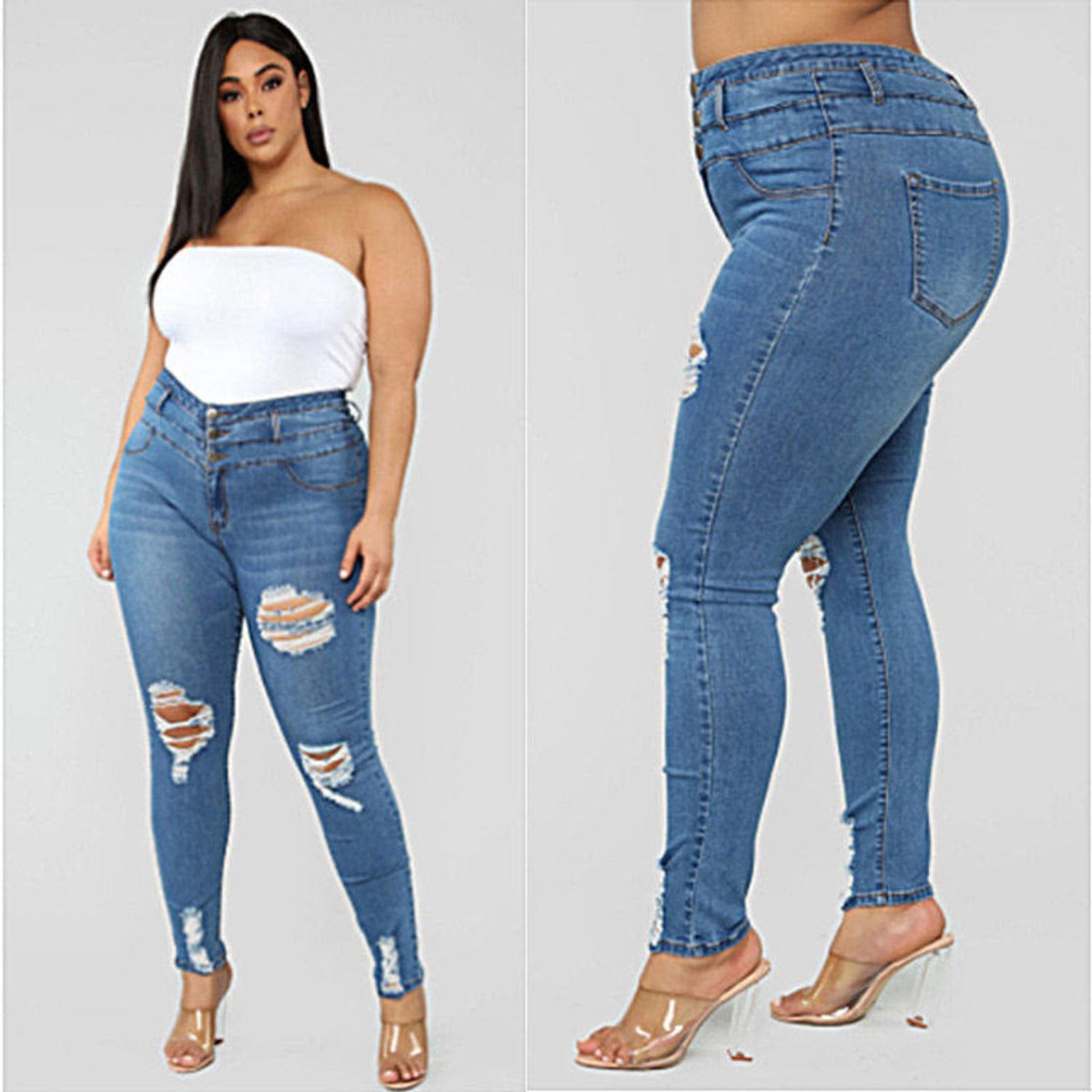 Curvy Women High Waist Ripped Plus Size Jeans - Flattering Fat Jeans Pant - - Women's Jeans - Carvan Mart