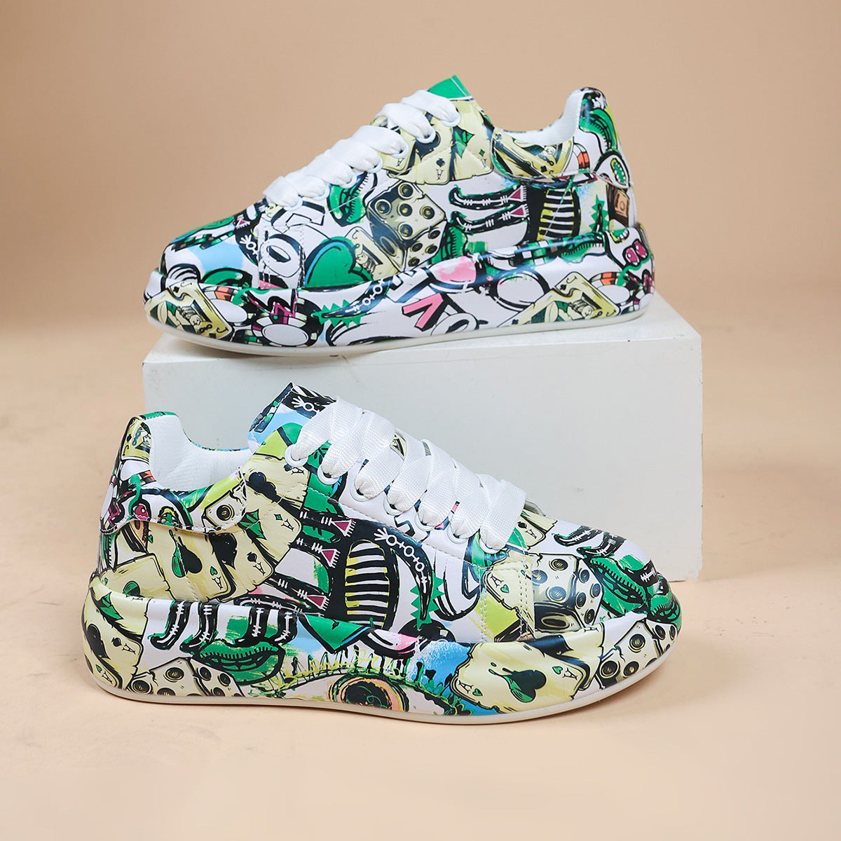 Hand-Painted Women's Cartoon Graffiti Sneakers - Vibrant Casual Shoes - Green - Women's Shoes - Carvan Mart