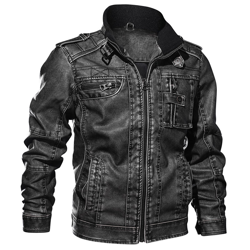 Men PU Leather Jacket Casual Thick Motorcycle Winter Windproof Coat - Carvan Mart