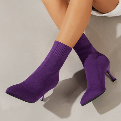 Fashion Pointed Toe Stilettos Ankle Boots Knitted Fly-woven Elastic Boots - Purple - heels - Carvan Mart