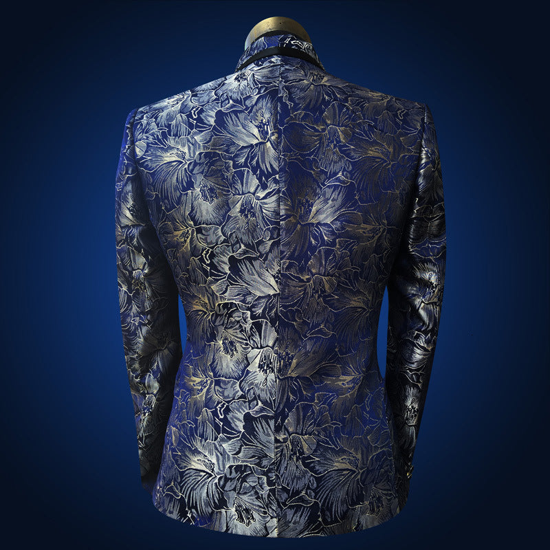 Men's Two Piece Blue Suit Floral Wedding Singer Prom Suit - - Men Suits & Sets - Carvan Mart